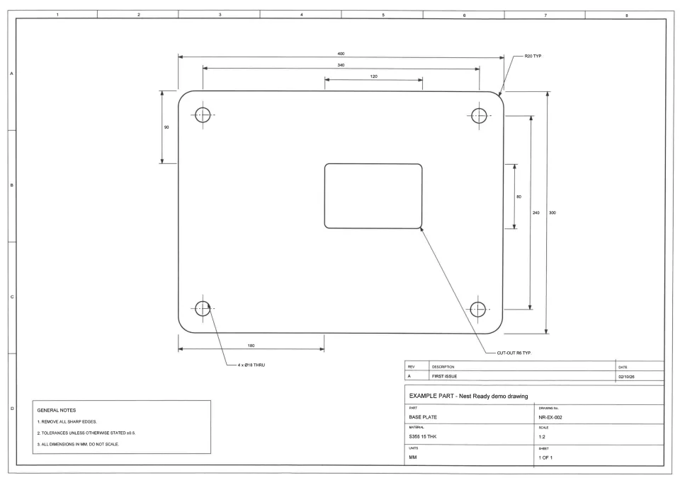 Office scan of the printed base plate drawing NR-EX-002 at 1:2: a 400 × 300 plate with four corner holes and a rectangular cut-out, dimensioned, with border and title block