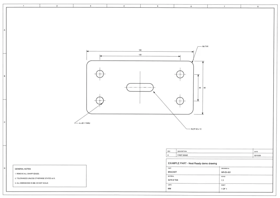 Office scan of the printed bracket drawing NR-EX-001: a 160 × 80 plate with four holes and a slot, dimensioned, with border and title block