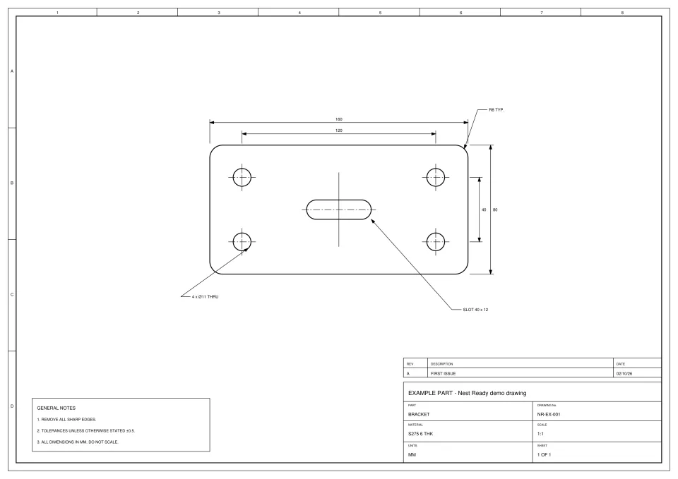 Bracket drawing NR-EX-001: a 160 × 80 plate with four holes and a slot, dimensioned, with border and title block