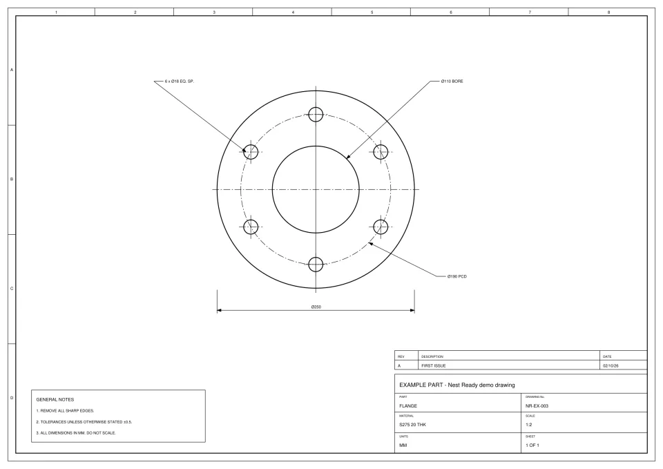 Flange drawing NR-EX-003: a Ø250 disc with a Ø110 bore and six mounting holes on a Ø190 pitch circle, dimensioned, with border and title block